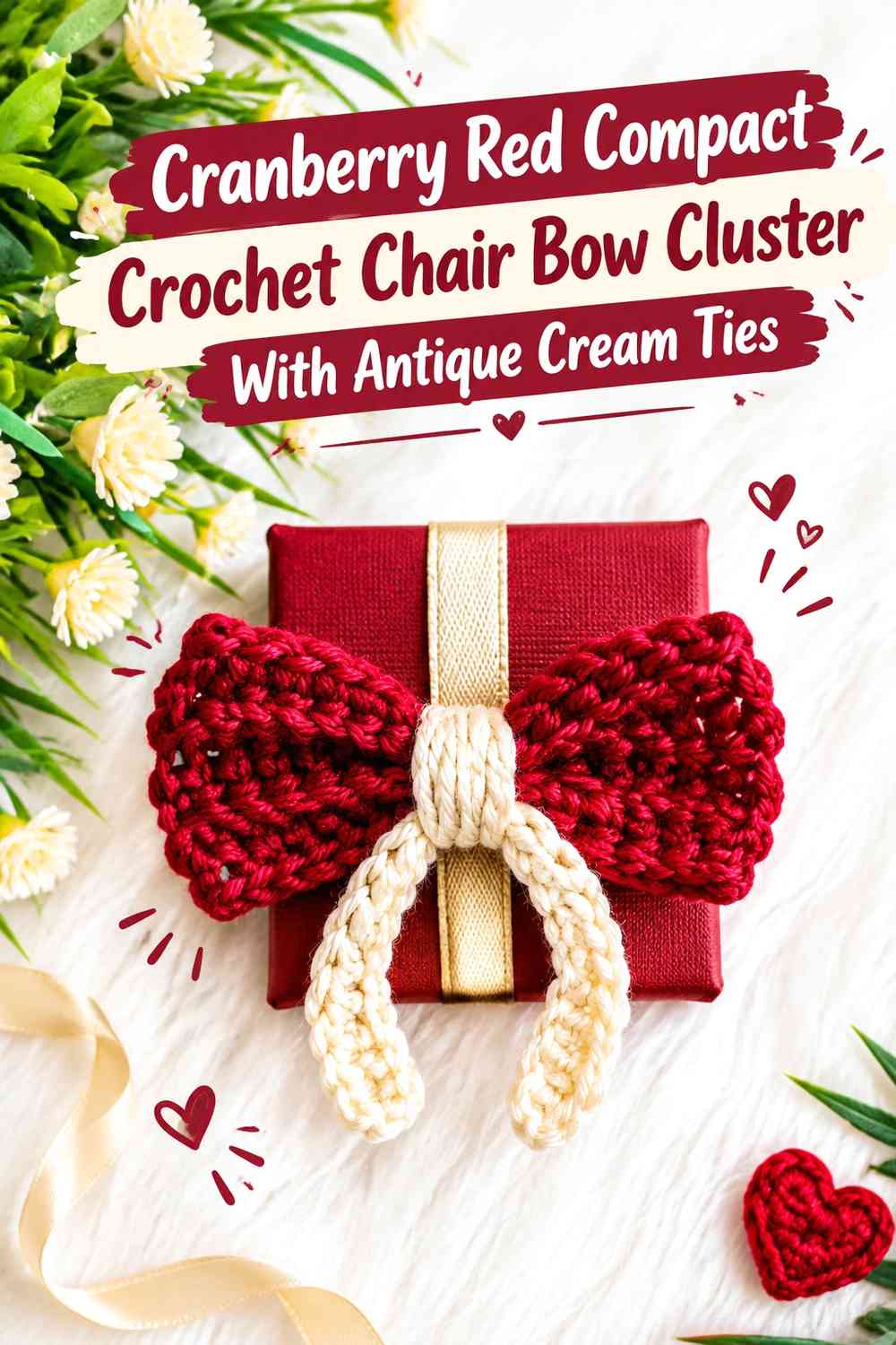 Cranberry Red Compact Crochet Chair Bow Cluster With Antique Cream Ties