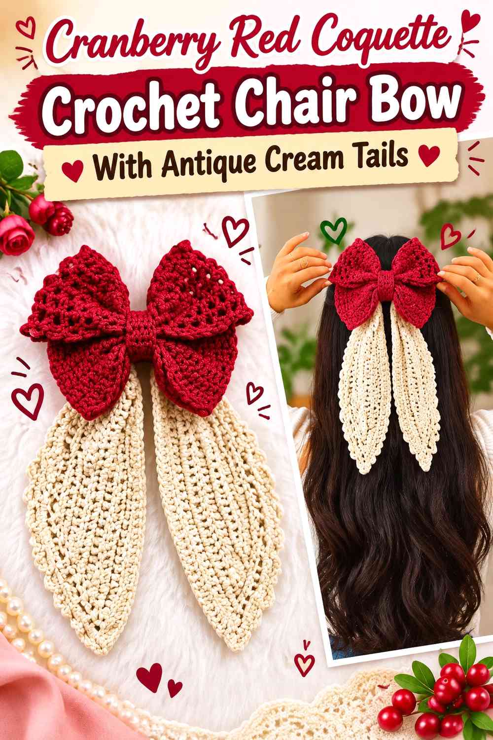 Cranberry Red Coquette Crochet Chair Bow With Antique Cream Tails