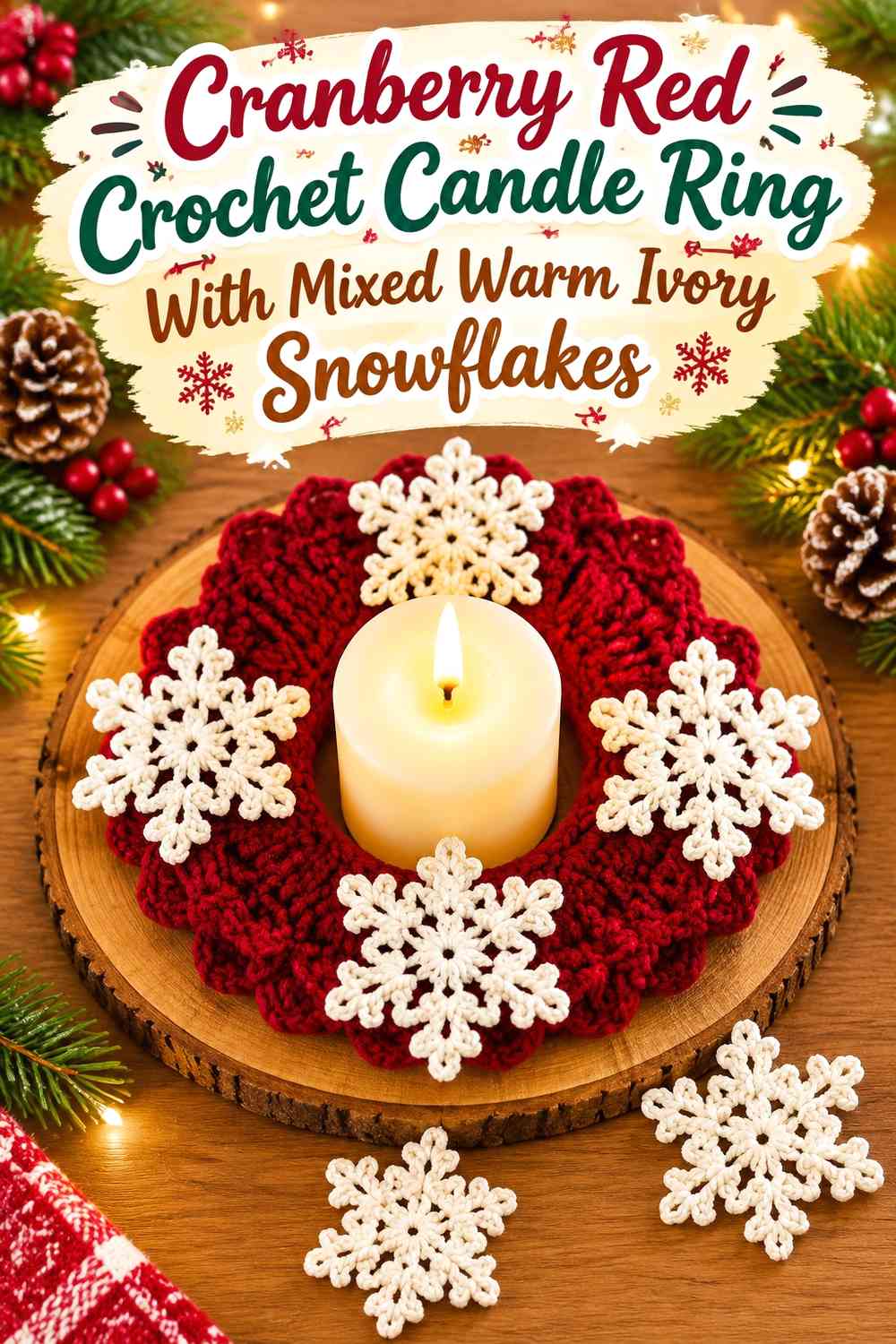 Cranberry Red Crochet Candle Ring With Mixed Warm Ivory Snowflakes