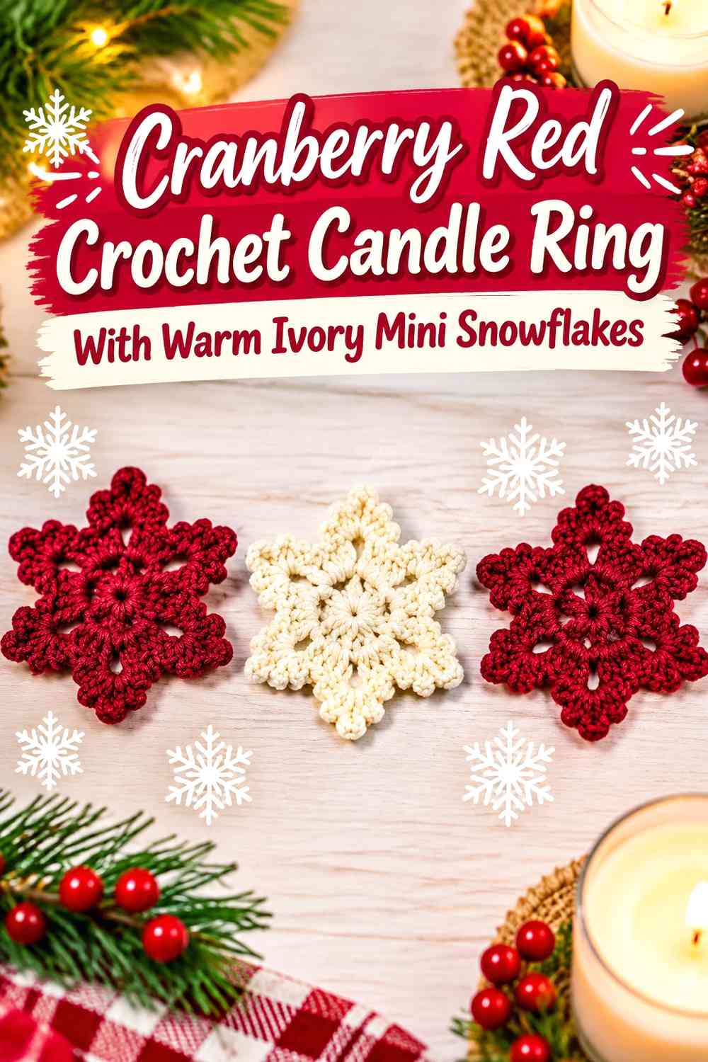 Cranberry Red Crochet Candle Ring With Warm Ivory Mini Snowflakes