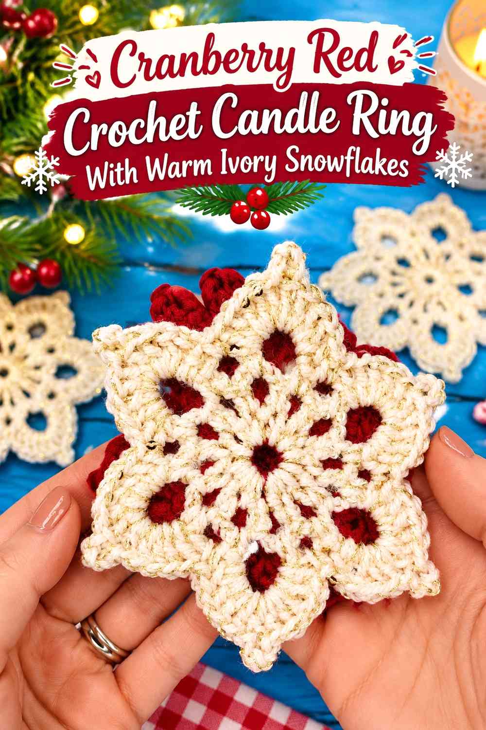 Cranberry Red Crochet Candle Ring With Warm Ivory Snowflakes