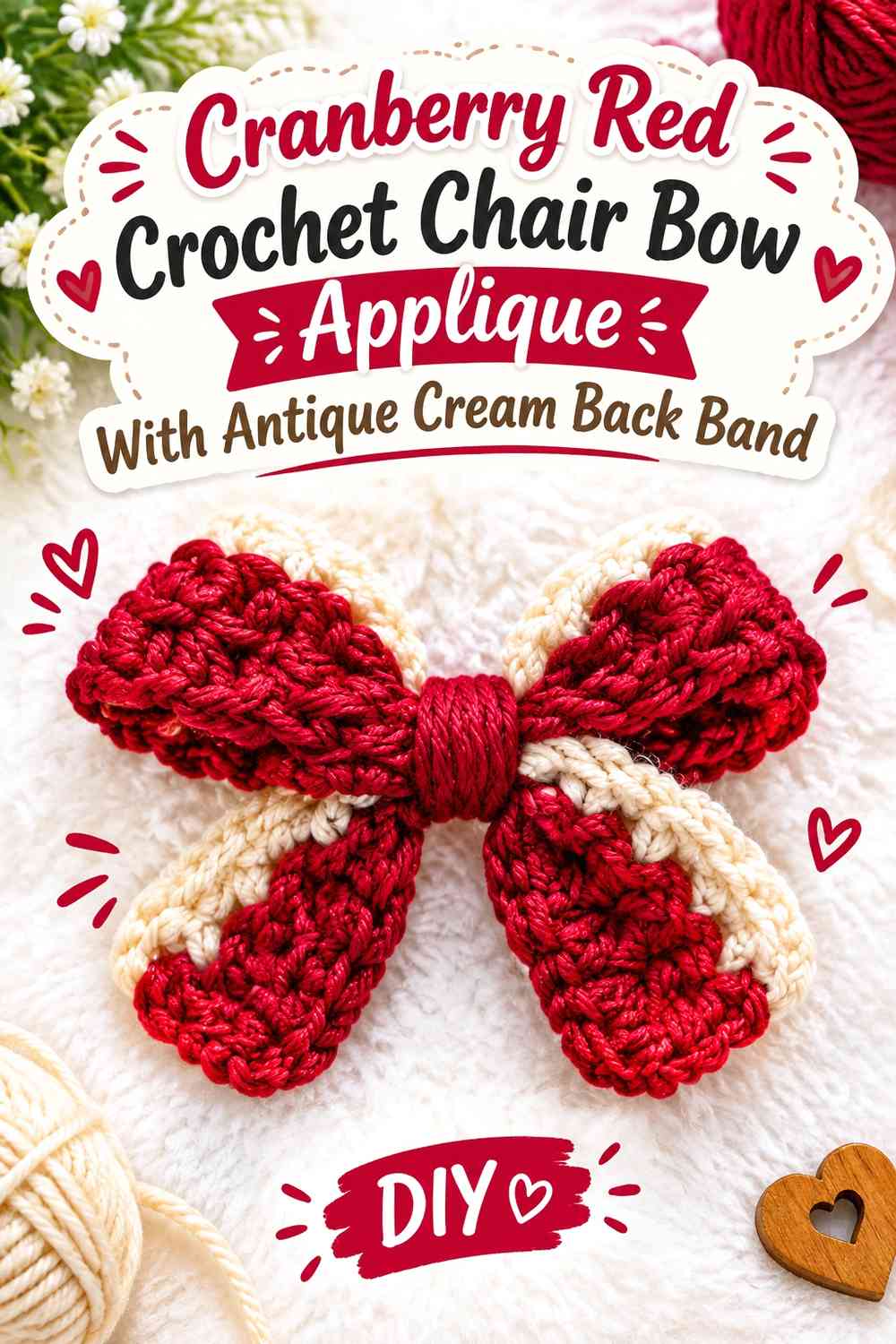 Cranberry Red Crochet Chair Bow Applique With Antique Cream Back Band