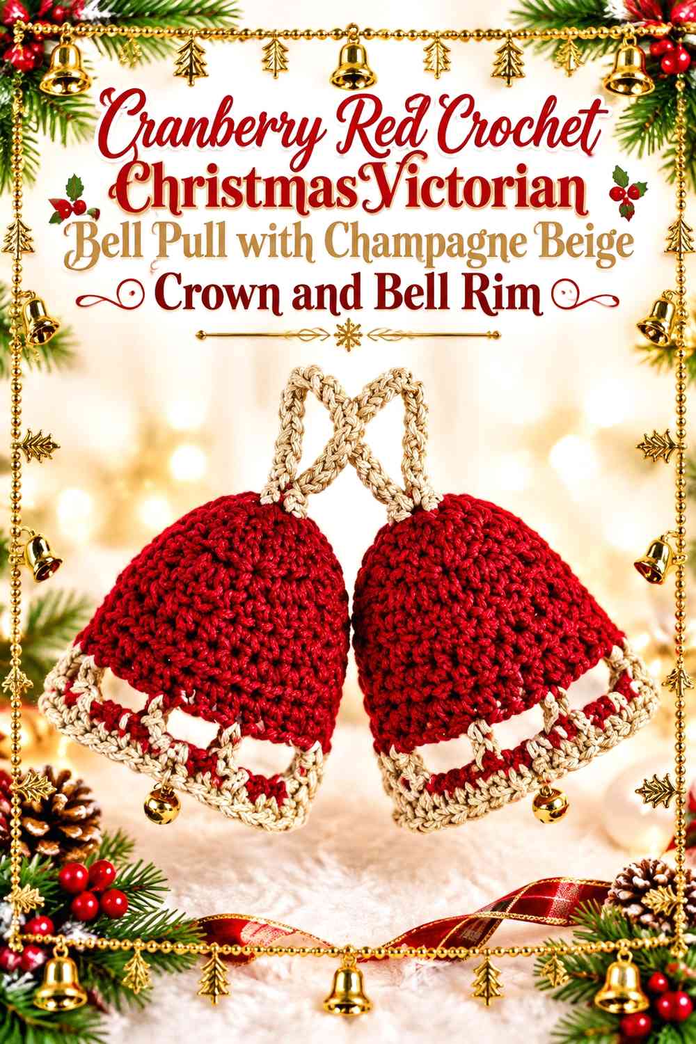 Cranberry Red Crochet Christmas Victorian Bell Pull with Champagne Beige Crown and Bell Rim