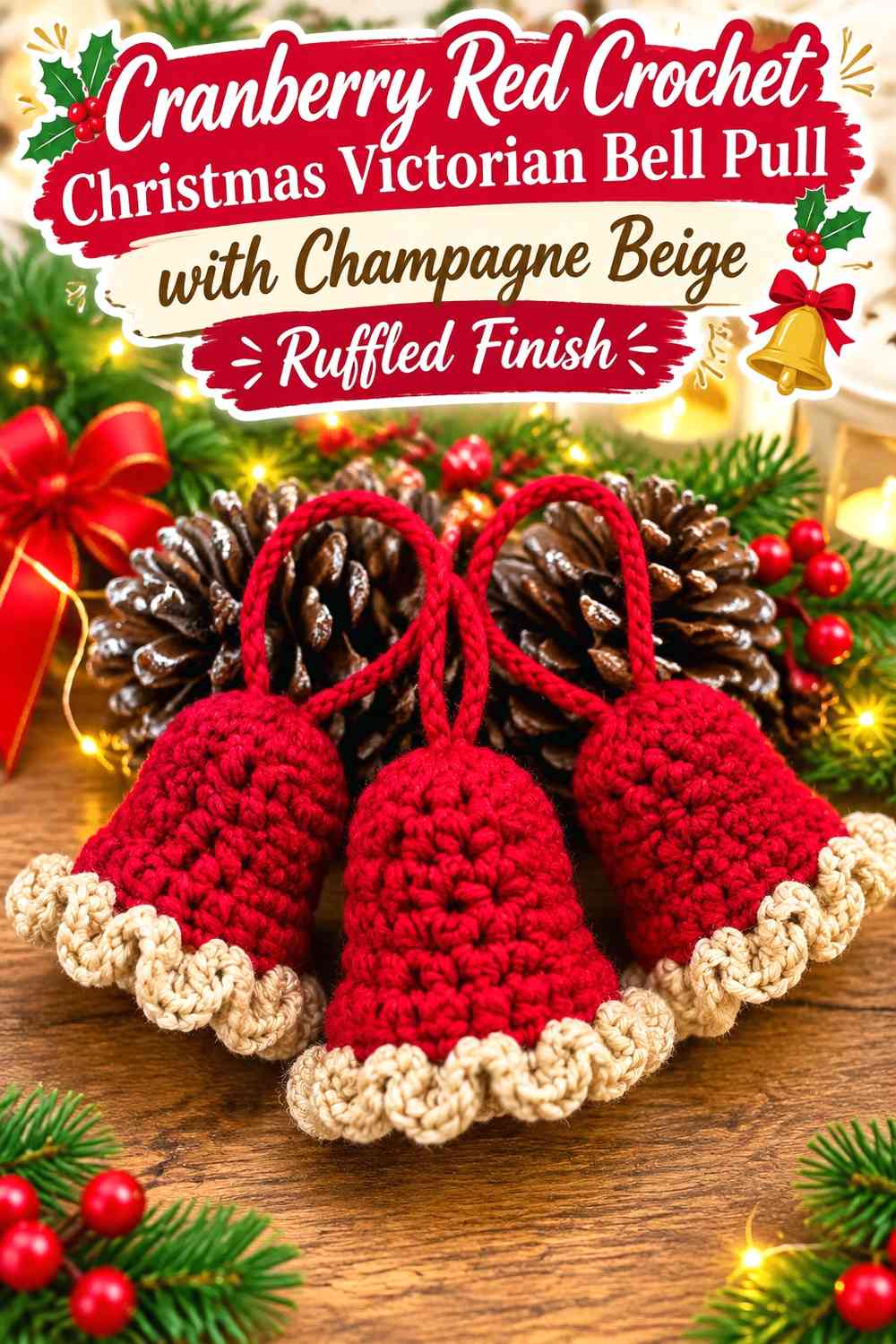 Cranberry Red Crochet Christmas Victorian Bell Pull with Champagne Beige Ruffled Finish