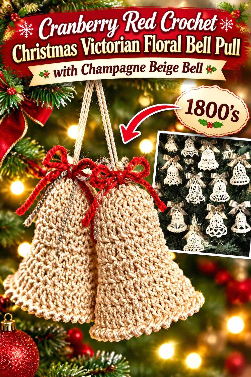 Cranberry Red Crochet Christmas Victorian Floral Bell Pull with Champagne Beige Bell