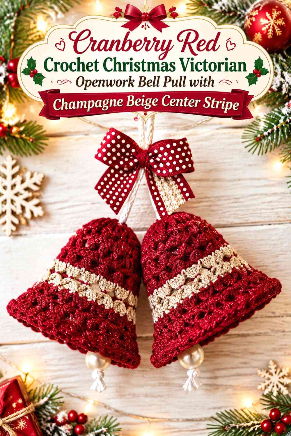 Cranberry Red Crochet Christmas Victorian Openwork Bell Pull with Champagne Beige Center Stripe