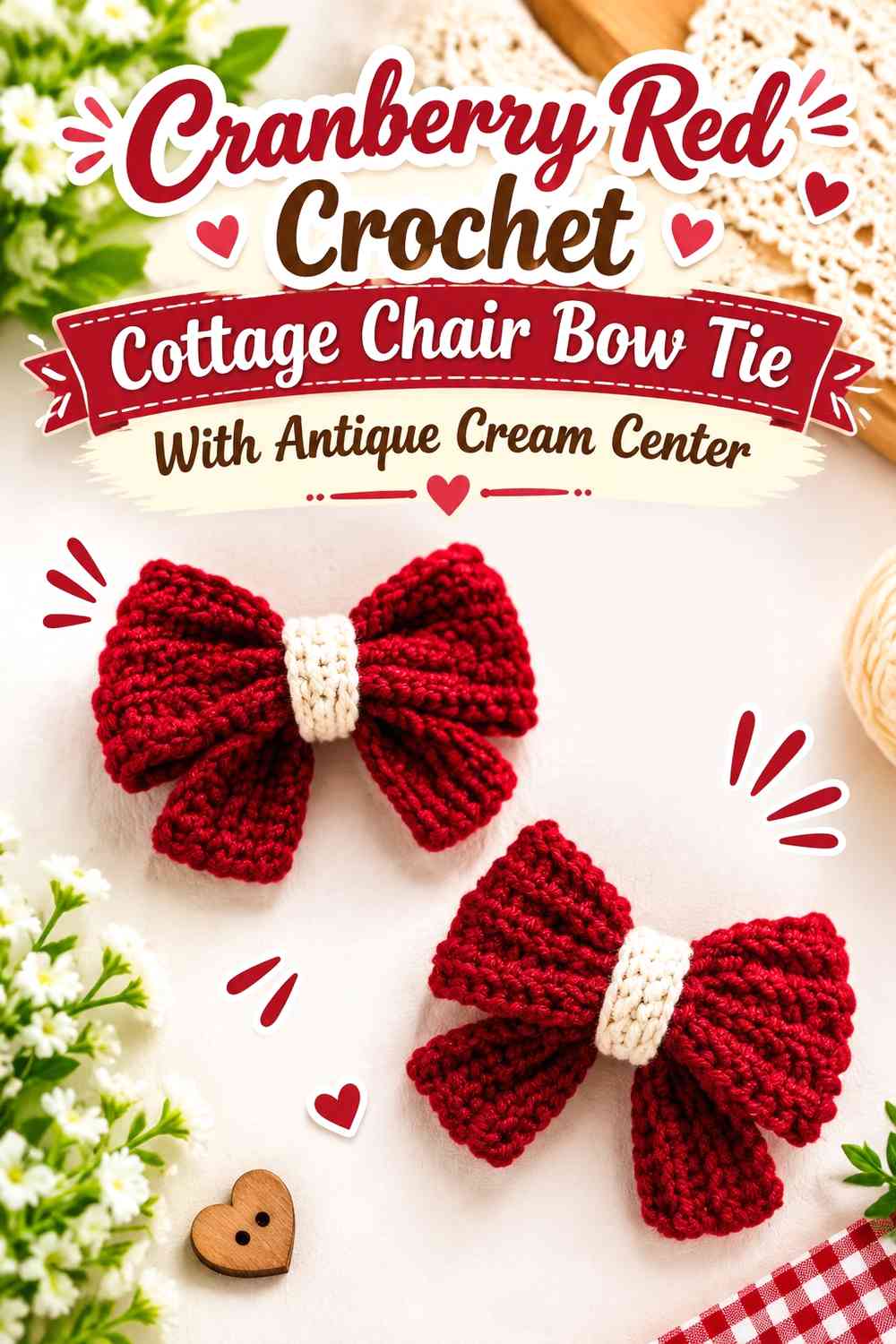 Cranberry Red Crochet Cottage Chair Bow Tie With Antique Cream Center