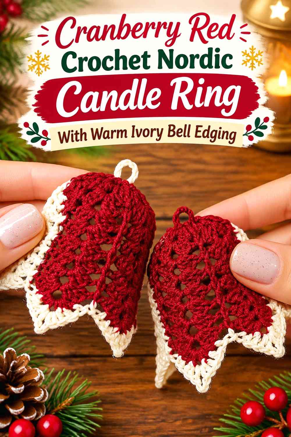 Cranberry Red Crochet Nordic Candle Ring With Warm Ivory Bell Edging