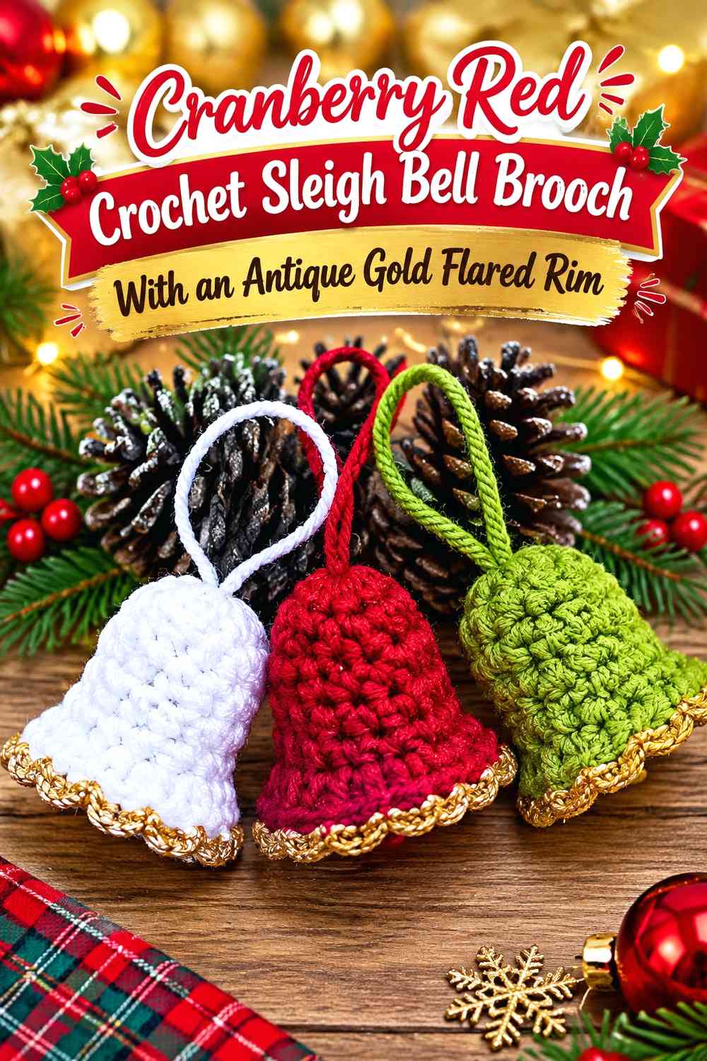 Cranberry Red Crochet Sleigh Bell Brooch With an Antique Gold Flared Rim