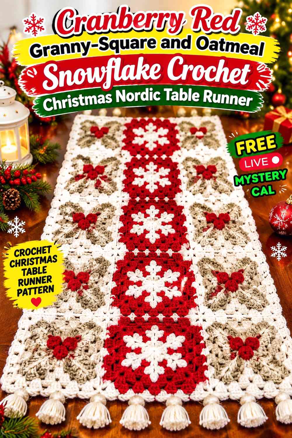 Cranberry Red Granny-Square and Oatmeal Snowflake Crochet Christmas Nordic Table Runner