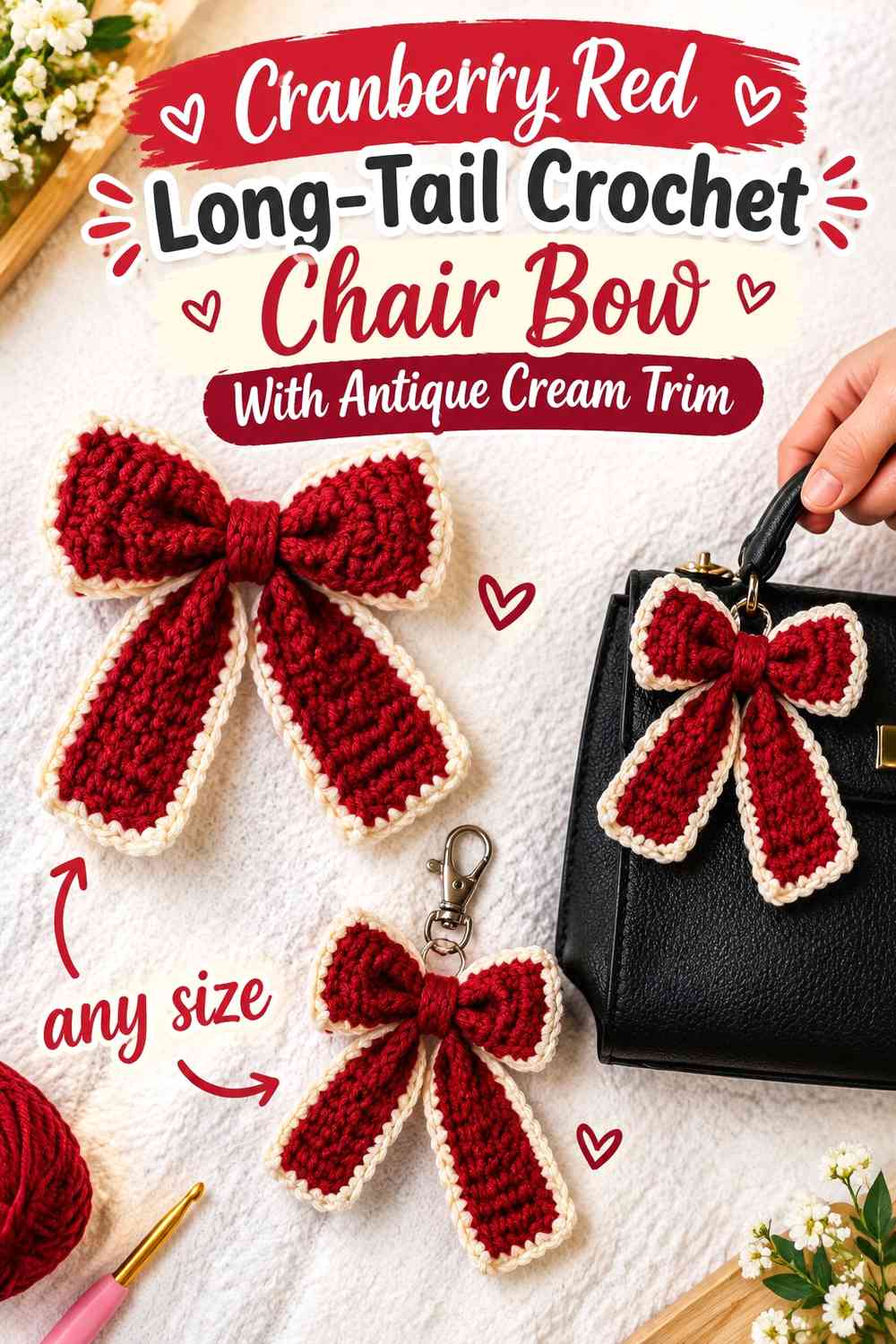 Cranberry Red Long-Tail Crochet Chair Bow With Antique Cream Trim