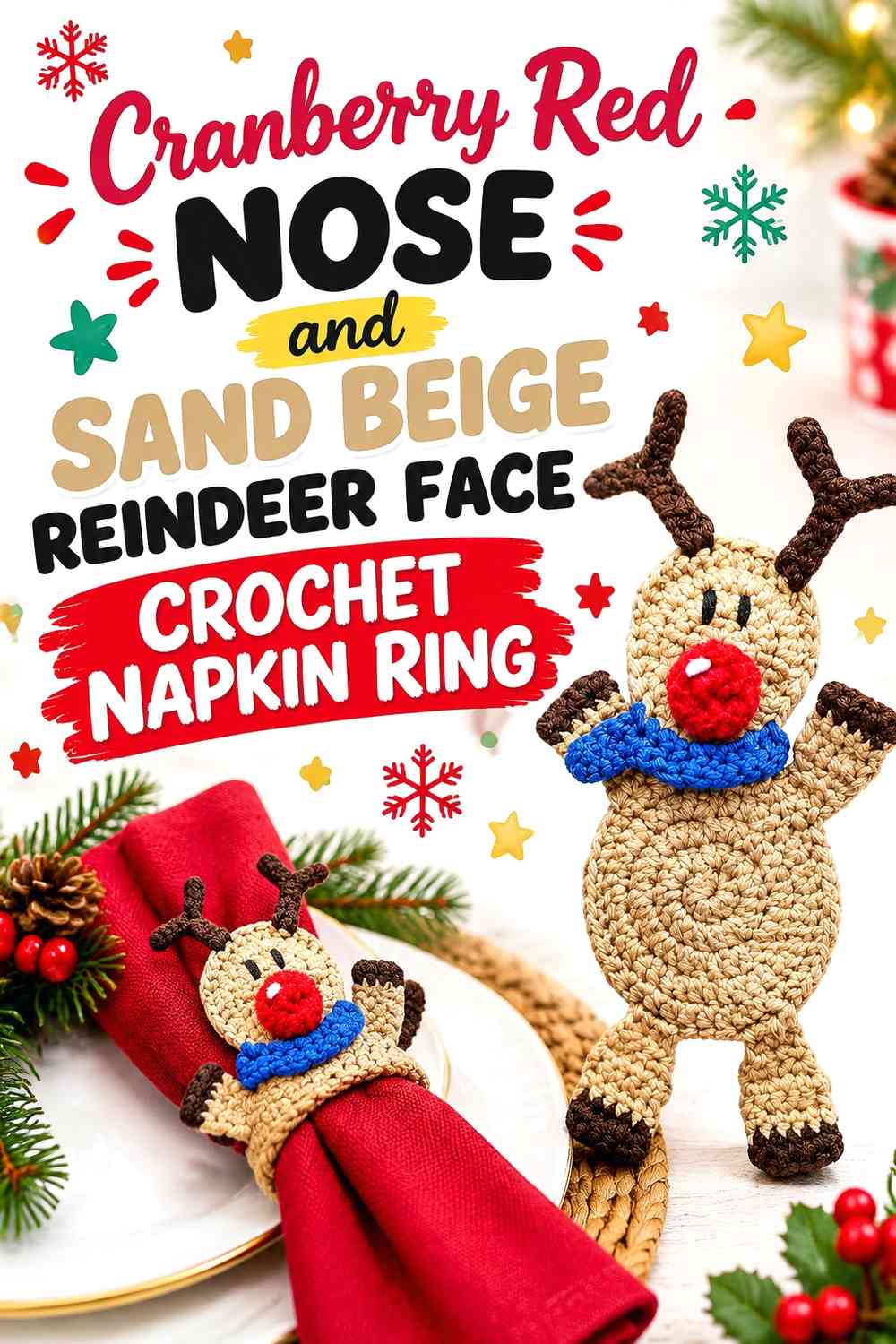 Cranberry Red Nose and Sand Beige Reindeer Face Crochet Napkin Ring