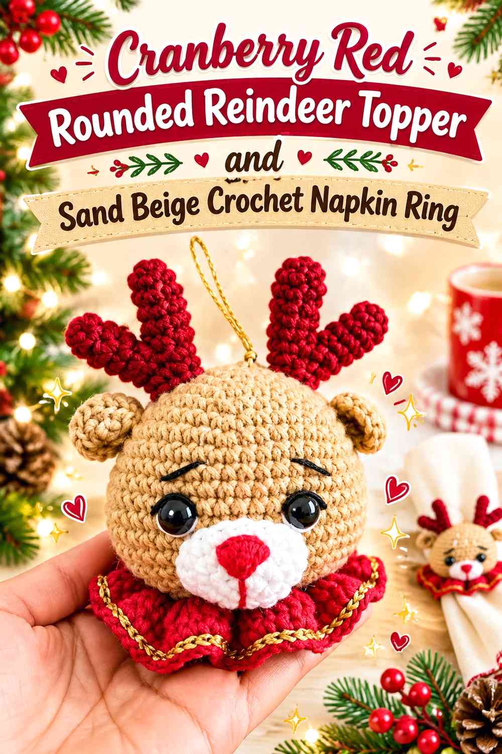 Cranberry Red Rounded Reindeer Topper and Sand Beige Crochet Napkin Ring