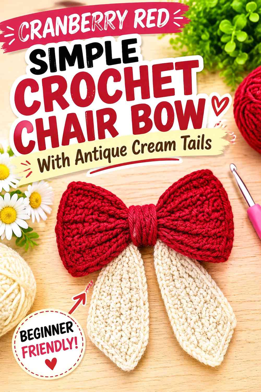 Cranberry Red Simple Crochet Chair Bow With Antique Cream Tails