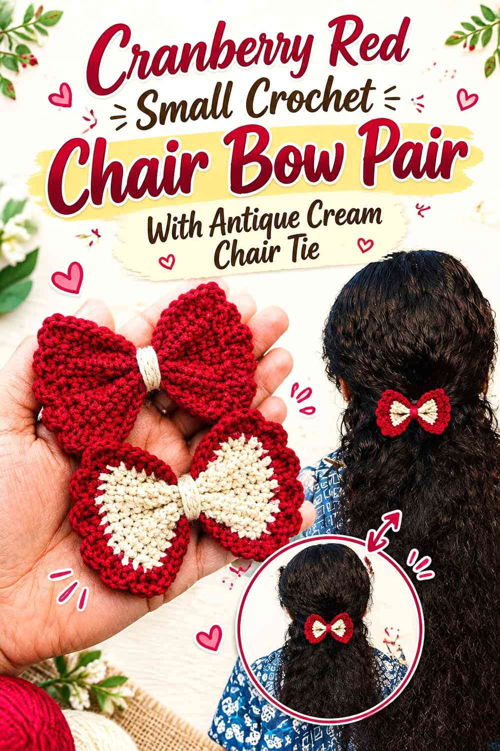 Cranberry Red Small Crochet Chair Bow Pair With Antique Cream Chair Tie