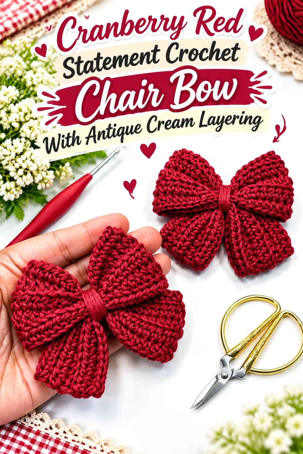 Cranberry Red Statement Crochet Chair Bow With Antique Cream Layering