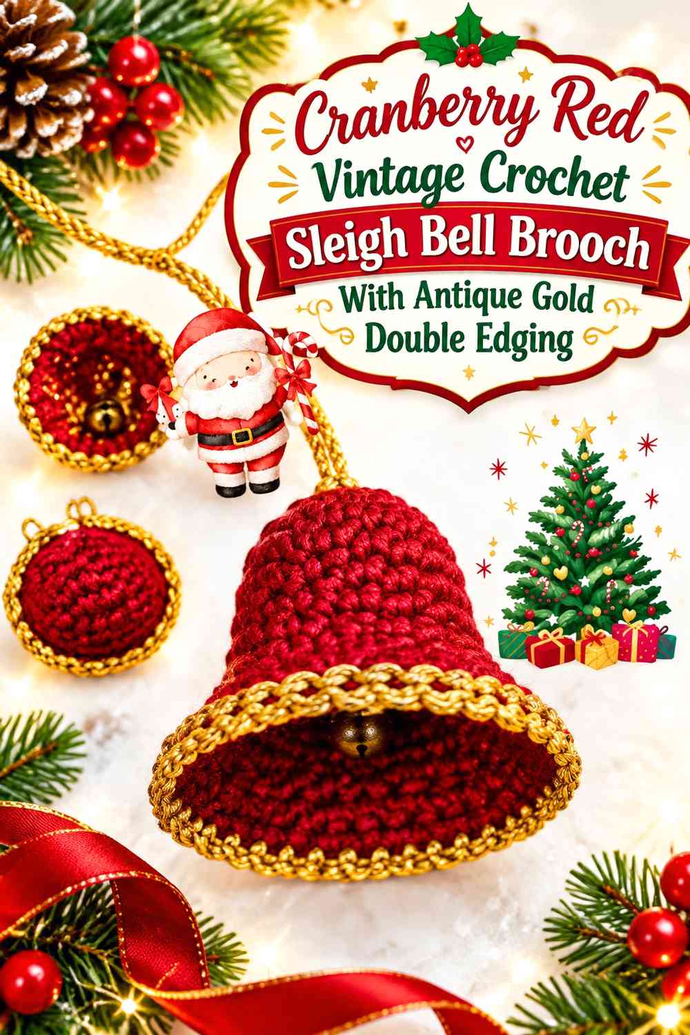 Cranberry Red Vintage Crochet Sleigh Bell Brooch With Antique Gold Double Edging