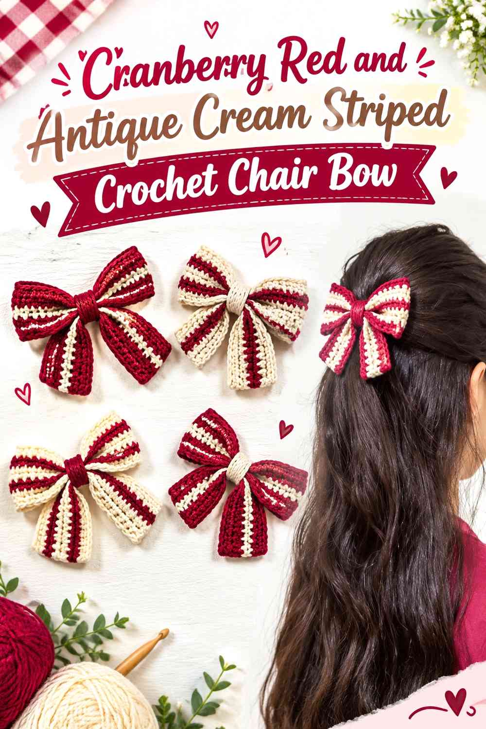 Cranberry Red and Antique Cream Striped Crochet Chair Bow