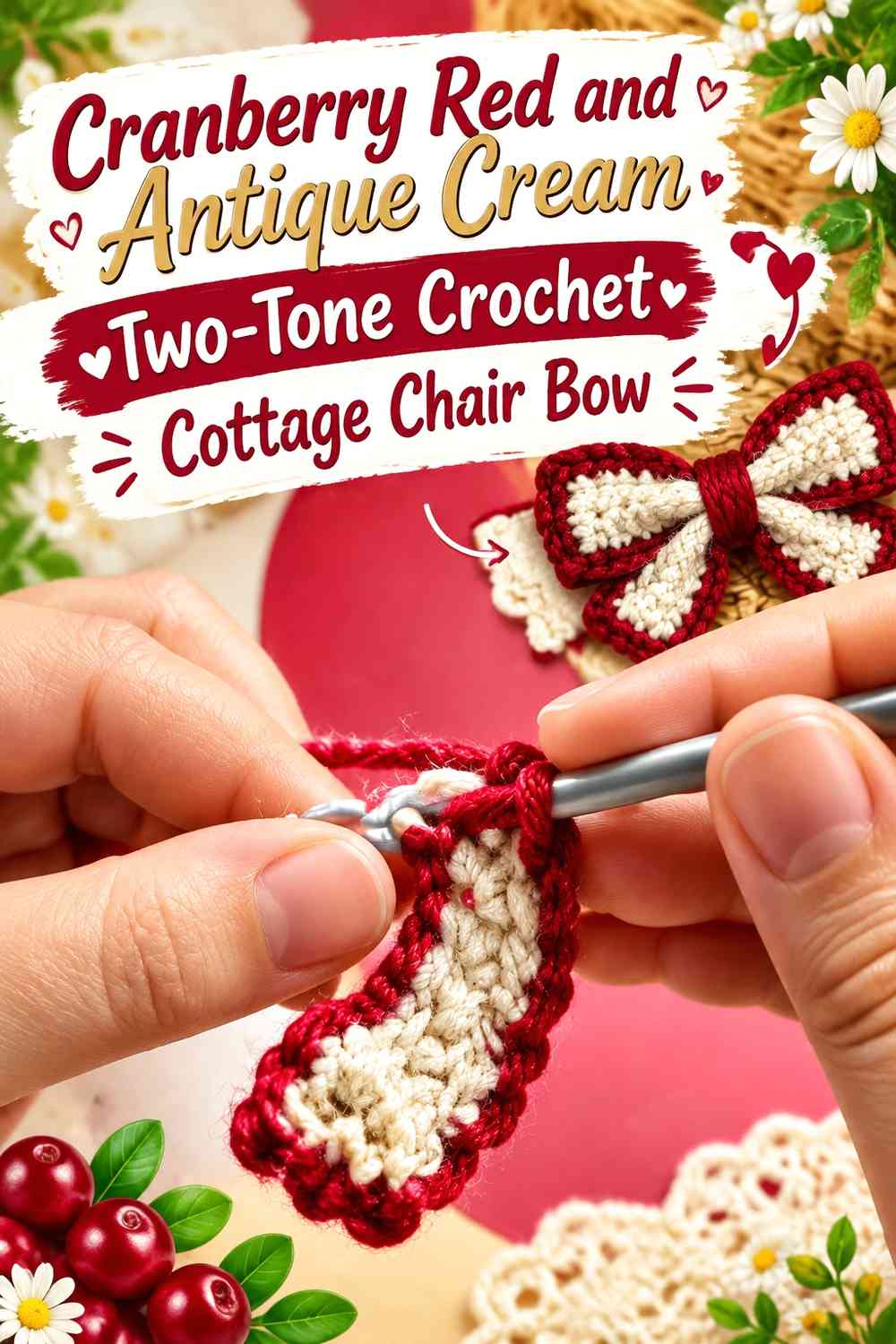 Cranberry Red and Antique Cream Two-Tone Crochet Cottage Chair Bow