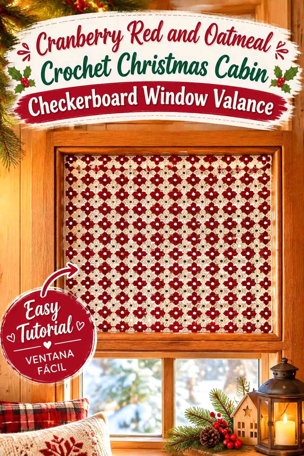 Cranberry Red and Oatmeal Crochet Christmas Cabin Checkerboard Window Valance