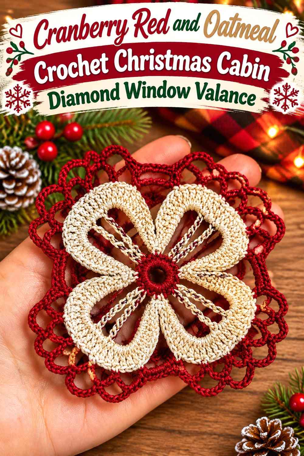 Cranberry Red and Oatmeal Crochet Christmas Cabin Diamond Window Valance