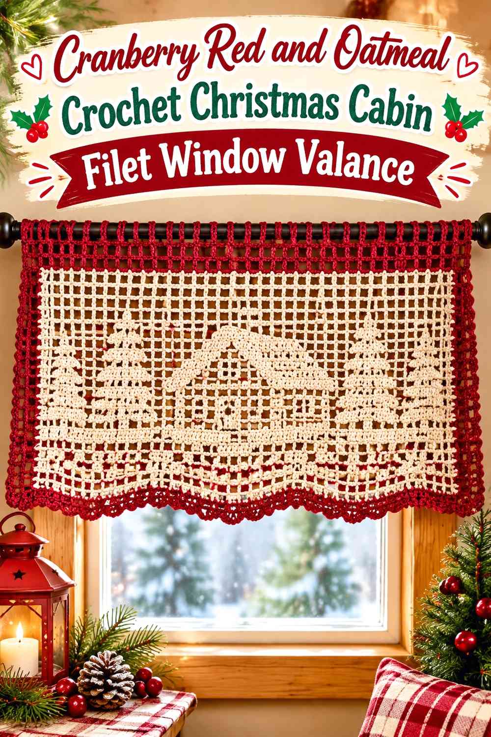 Cranberry Red and Oatmeal Crochet Christmas Cabin Filet Window Valance