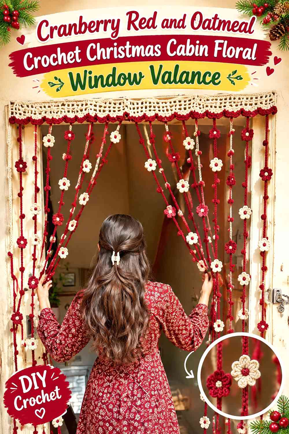 Cranberry Red and Oatmeal Crochet Christmas Cabin Floral Window Valance