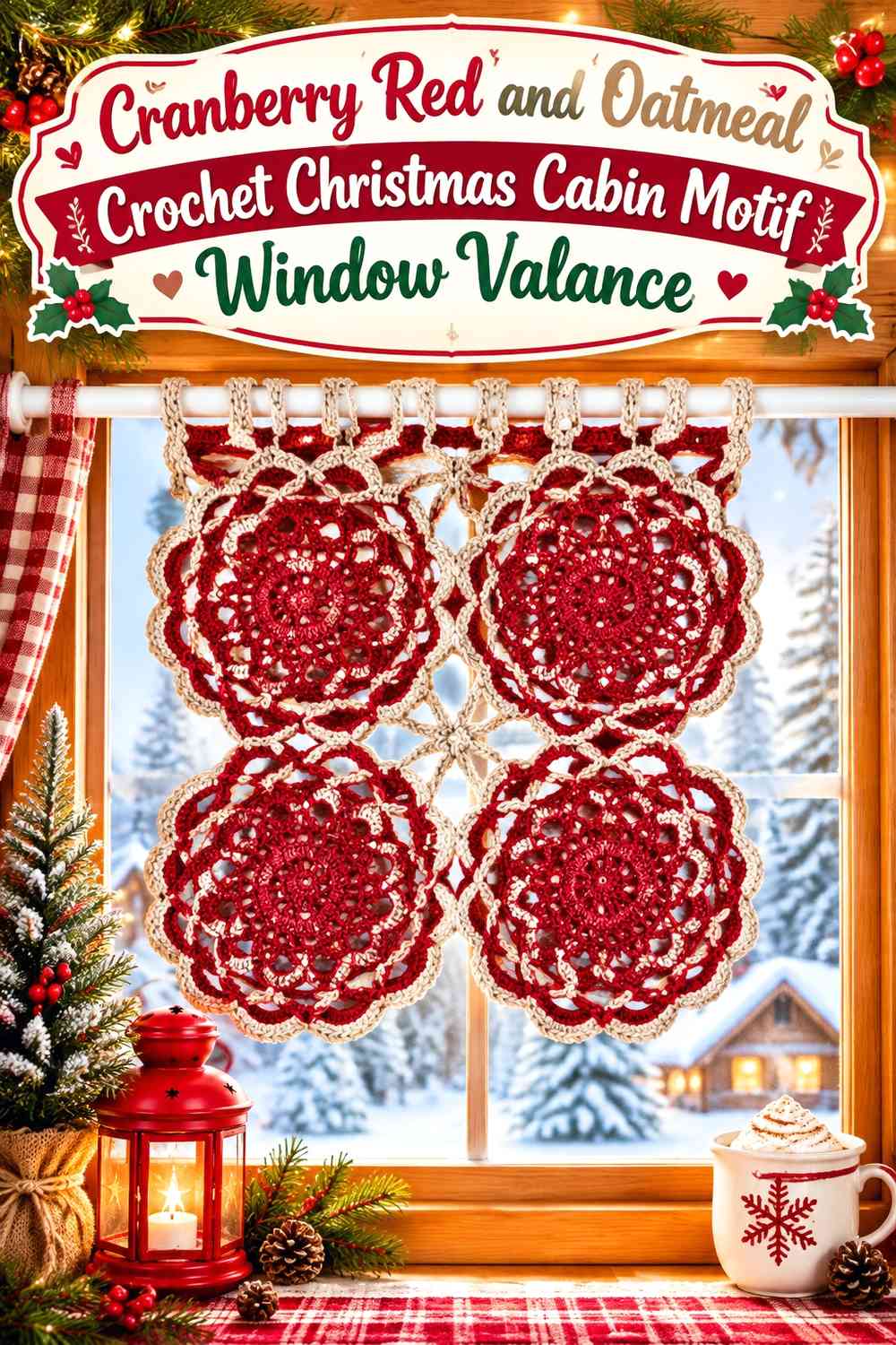 Cranberry Red and Oatmeal Crochet Christmas Cabin Motif Window Valance