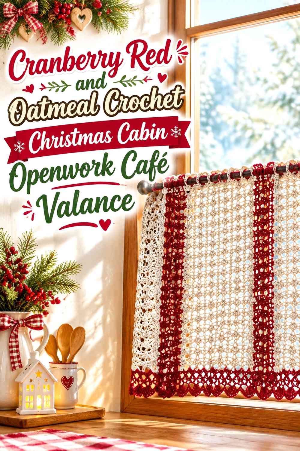 Cranberry Red and Oatmeal Crochet Christmas Cabin Openwork Café Valance