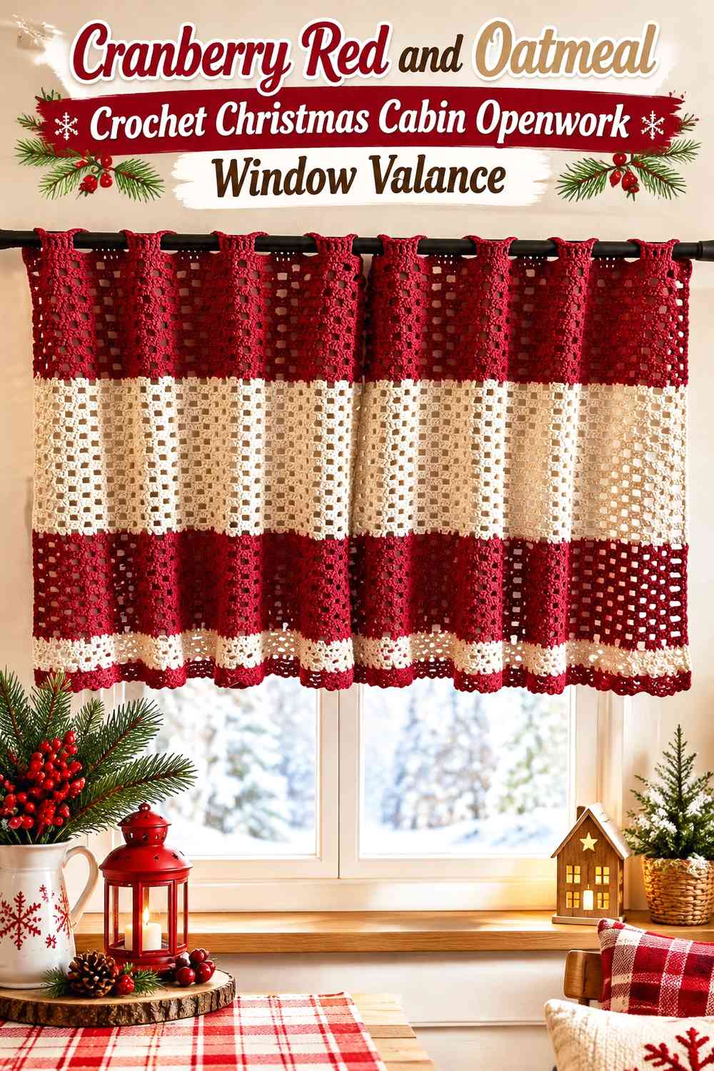 Cranberry Red and Oatmeal Crochet Christmas Cabin Openwork Window Valance