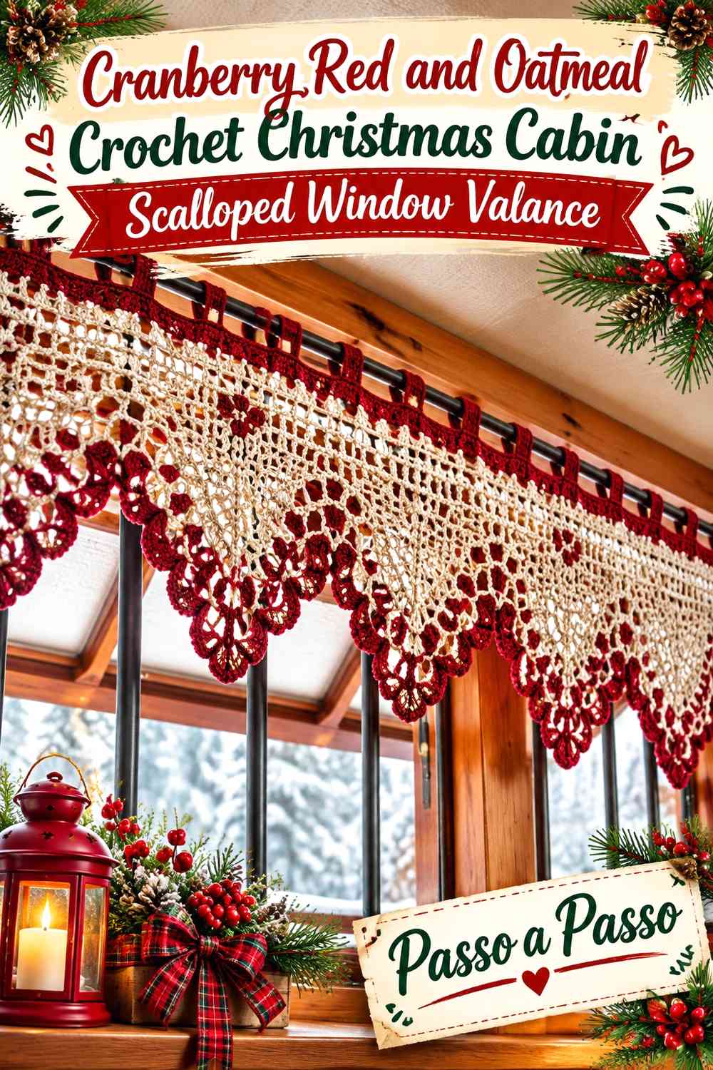 Cranberry Red and Oatmeal Crochet Christmas Cabin Scalloped Window Valance