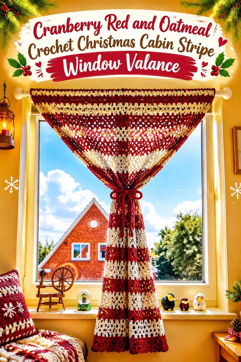 Cranberry Red and Oatmeal Crochet Christmas Cabin Stripe Window Valance