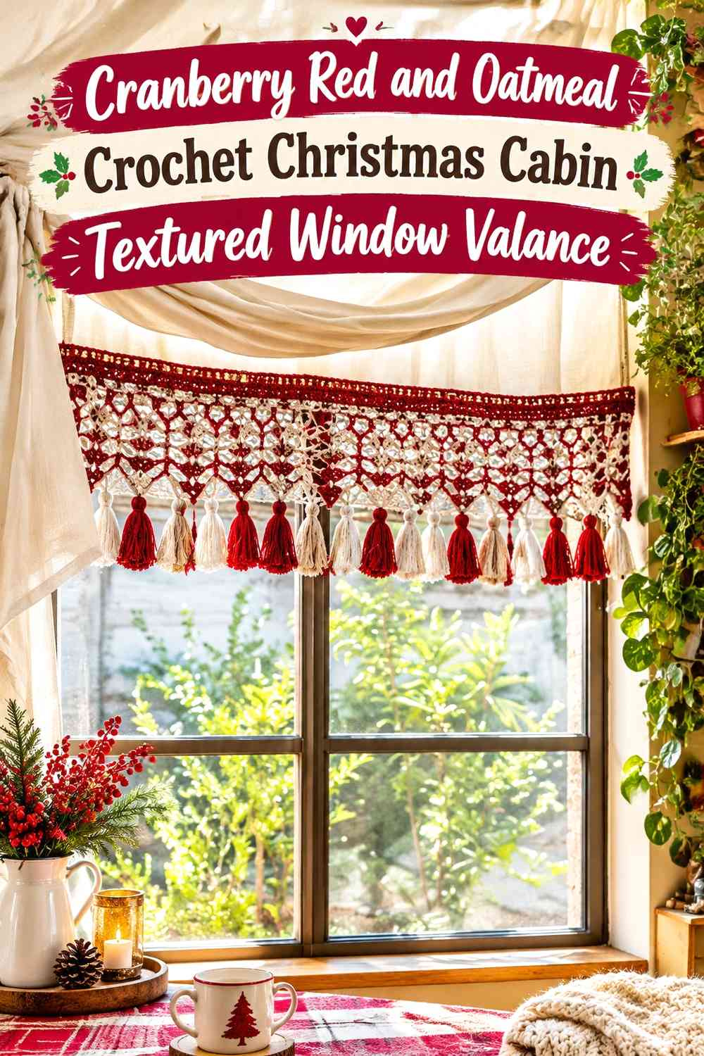 Cranberry Red and Oatmeal Crochet Christmas Cabin Textured Window Valance