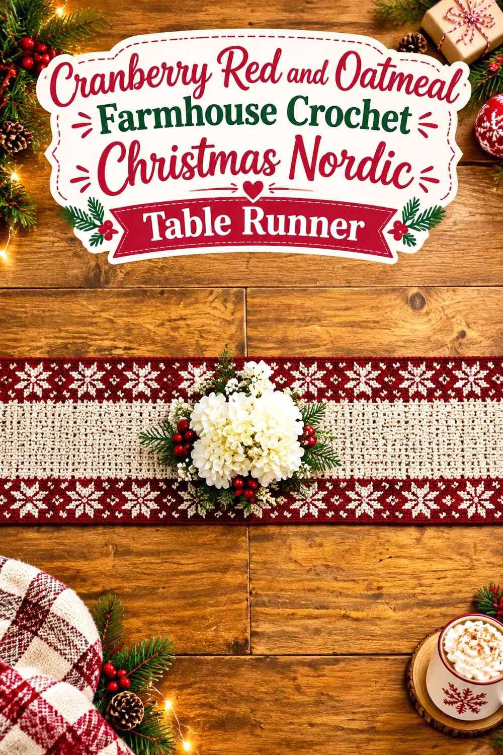 Cranberry Red and Oatmeal Farmhouse Crochet Christmas Nordic Table Runner