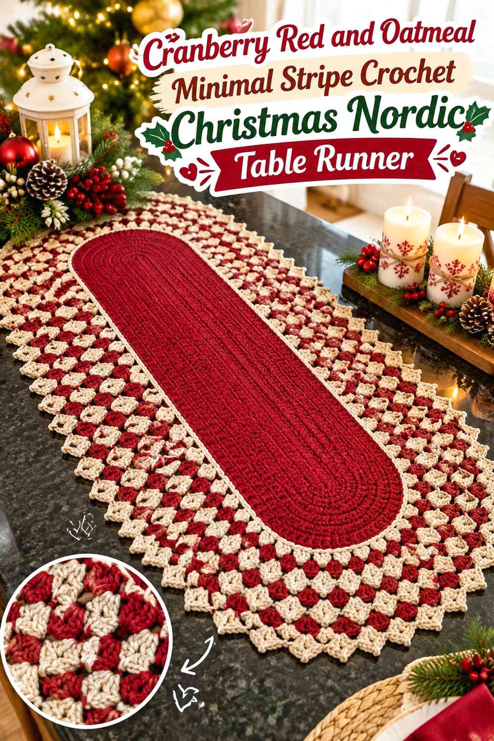 Cranberry Red and Oatmeal Minimal Stripe Crochet Christmas Nordic Table Runner