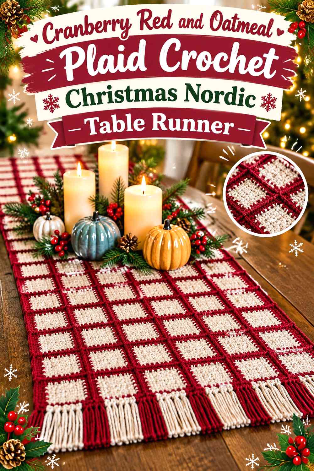 Cranberry Red and Oatmeal Plaid Crochet Christmas Nordic Table Runner