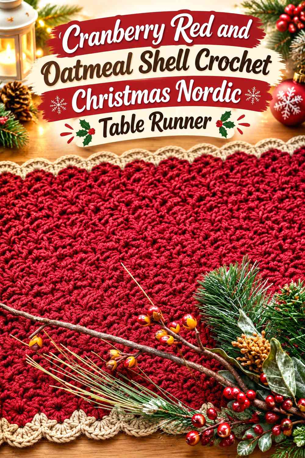 Cranberry Red and Oatmeal Shell Crochet Christmas Nordic Table Runner