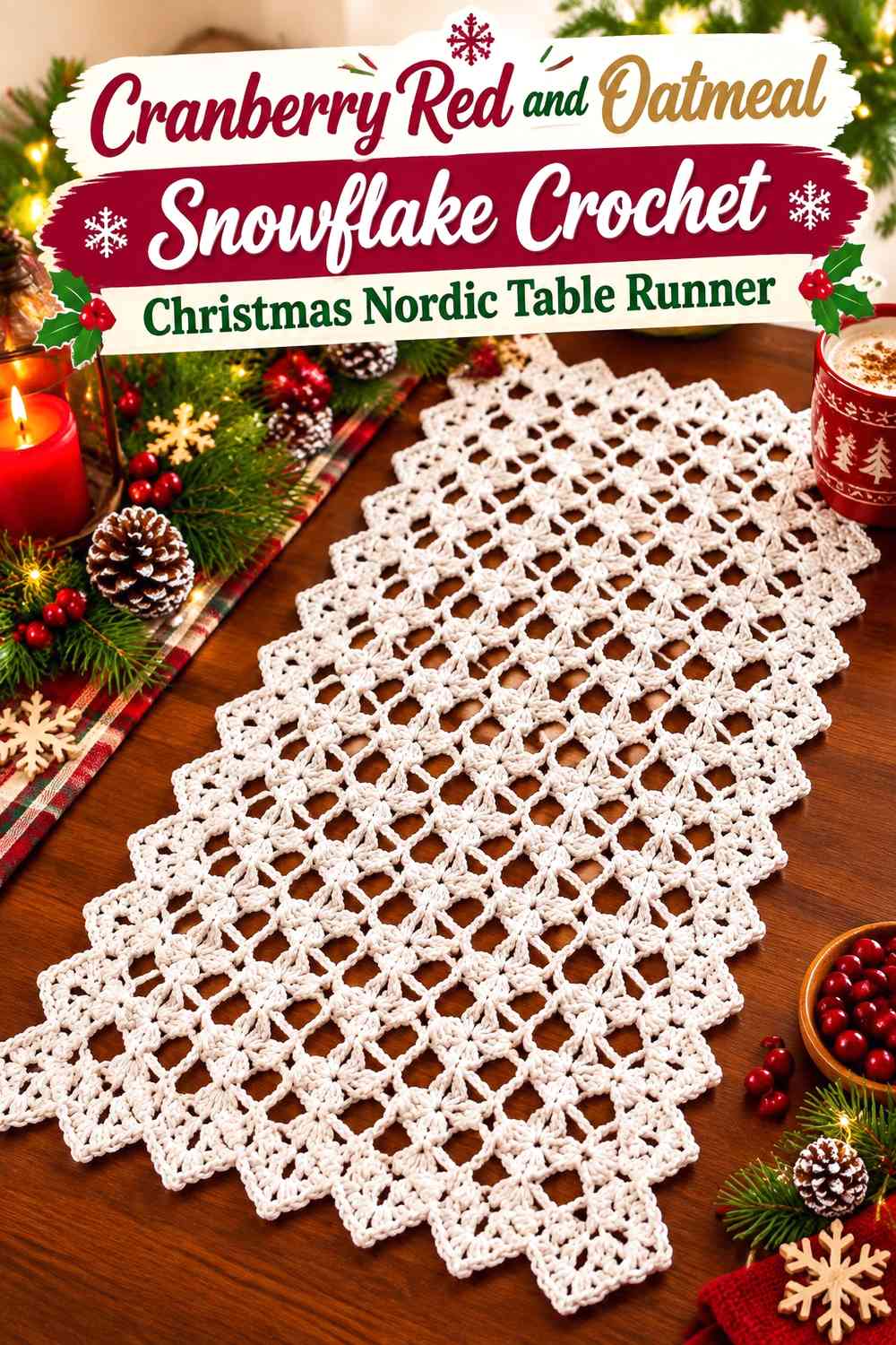 Cranberry Red and Oatmeal Snowflake Crochet Christmas Nordic Table Runner