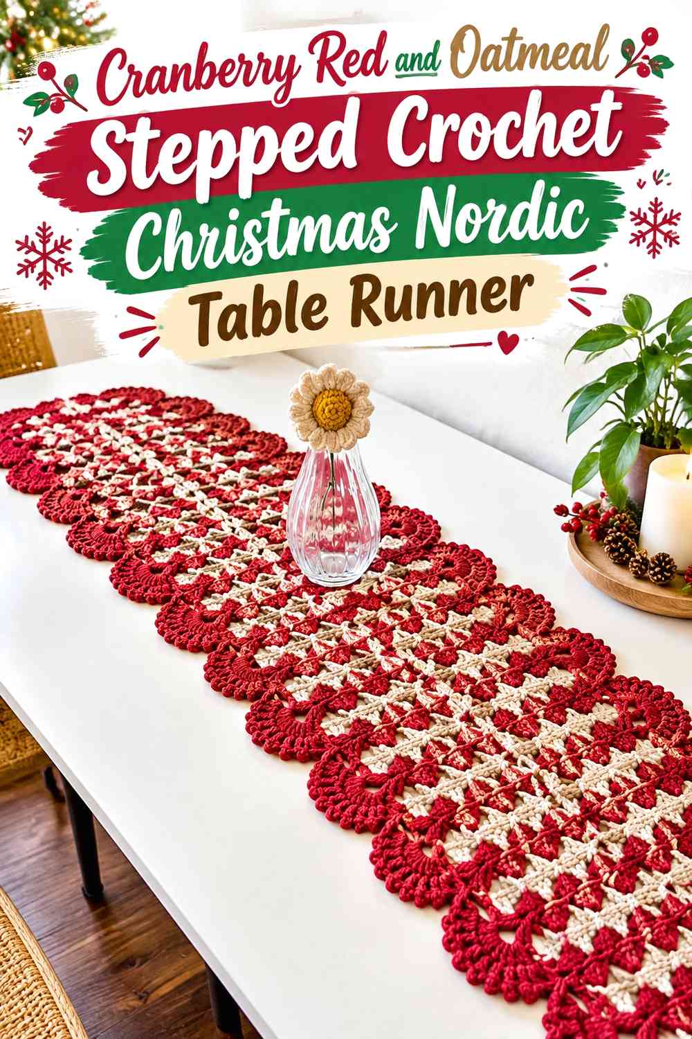 Cranberry Red and Oatmeal Stepped Crochet Christmas Nordic Table Runner