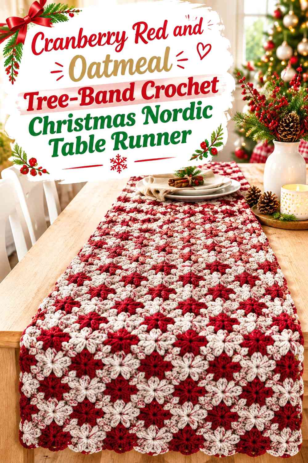 Cranberry Red and Oatmeal Tree-Band Crochet Christmas Nordic Table Runner