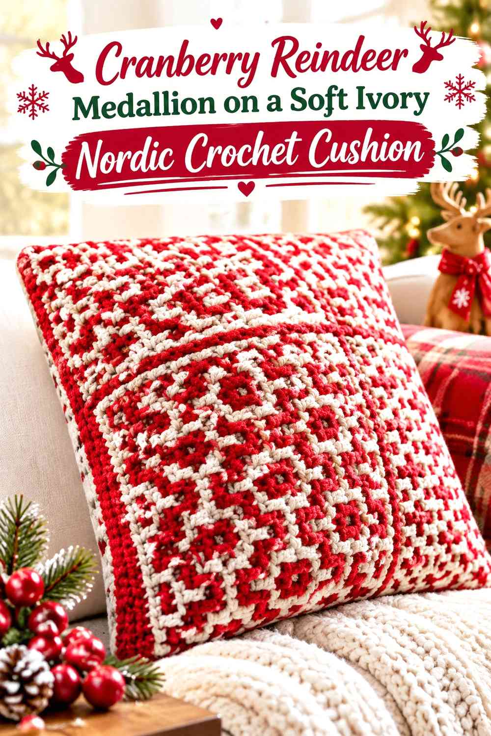 Cranberry Reindeer Medallion on a Soft Ivory Nordic Crochet Cushion