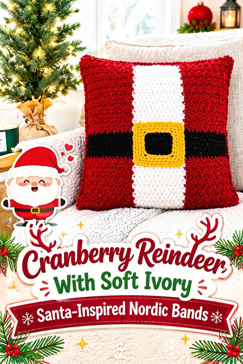 Cranberry Reindeer With Soft Ivory Santa-Inspired Nordic Bands