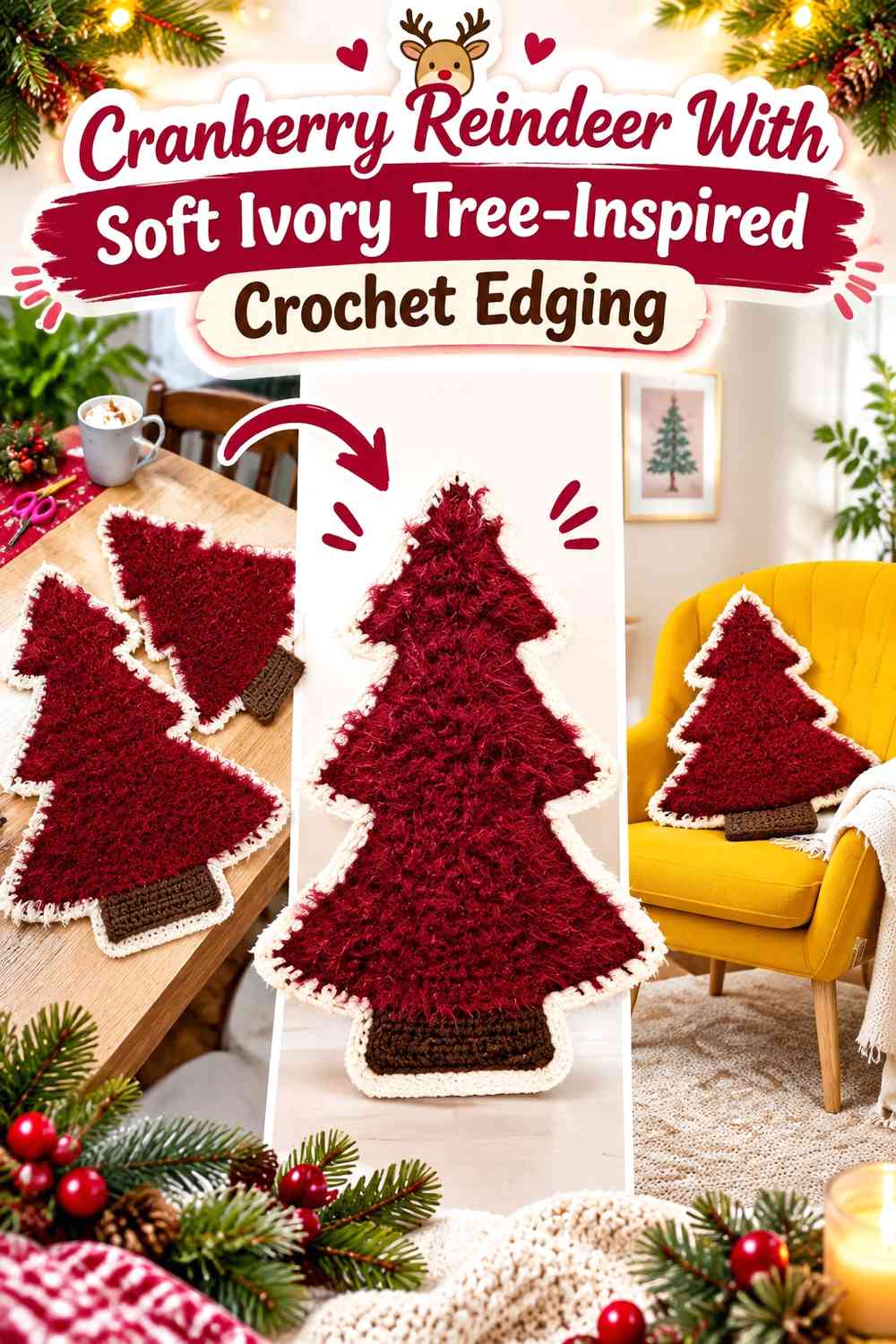 Cranberry Reindeer With Soft Ivory Tree-Inspired Crochet Edging