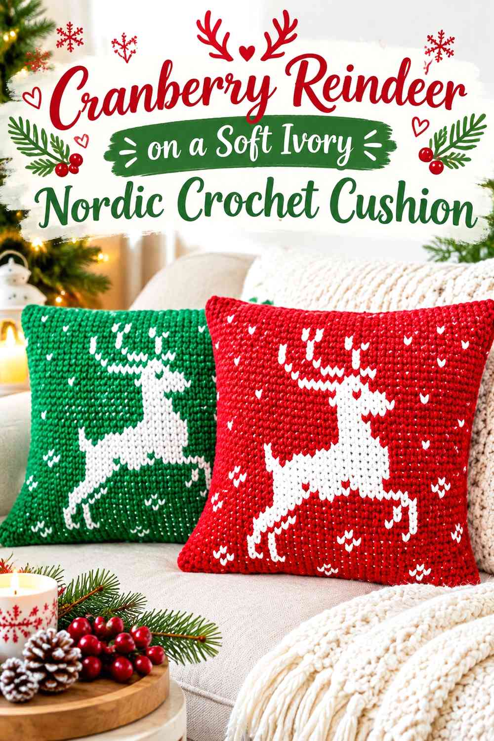 Cranberry Reindeer on a Soft Ivory Nordic Crochet Cushion
