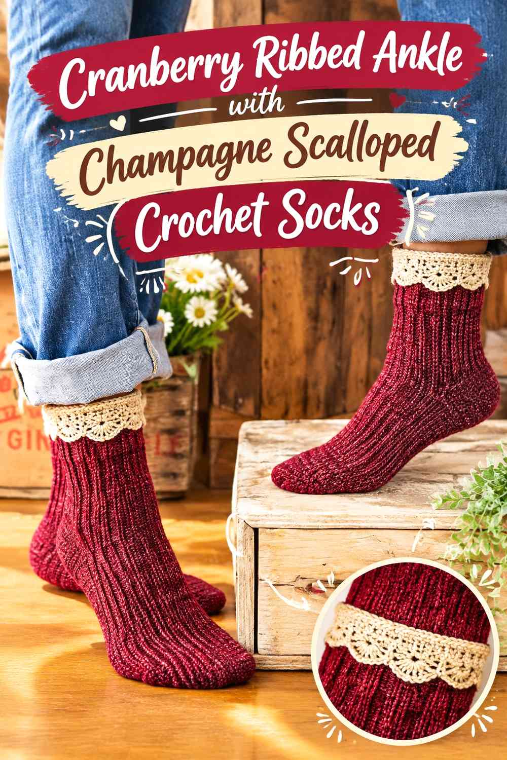 Cranberry Ribbed Ankle with Champagne Scalloped Crochet Socks