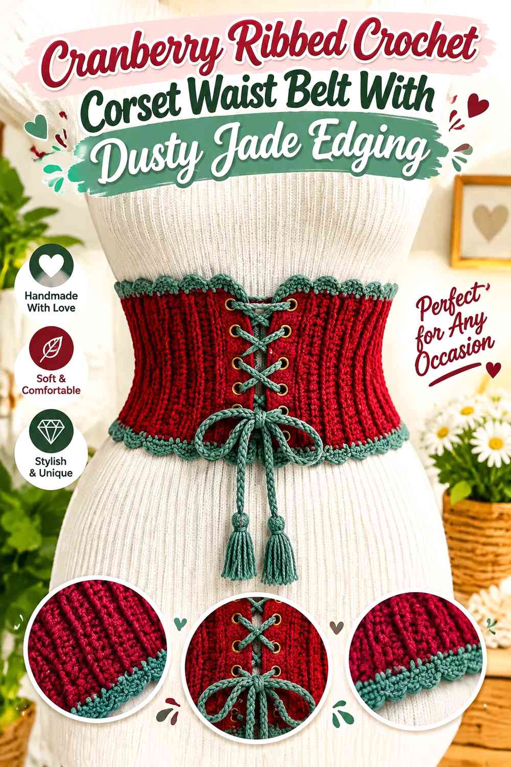 Cranberry Ribbed Crochet Corset Waist Belt With Dusty Jade Edging