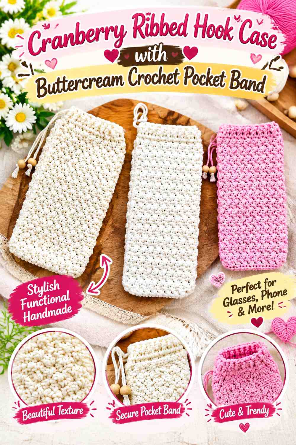 Cranberry Ribbed Hook Case with Buttercream Crochet Pocket Band