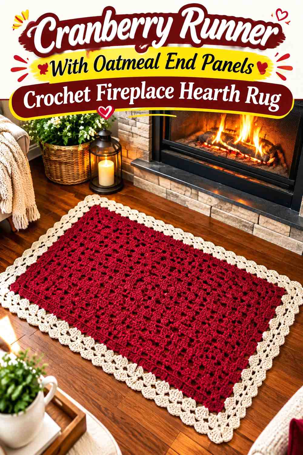 Cranberry Runner With Oatmeal End Panels Crochet Fireplace Hearth Rug
