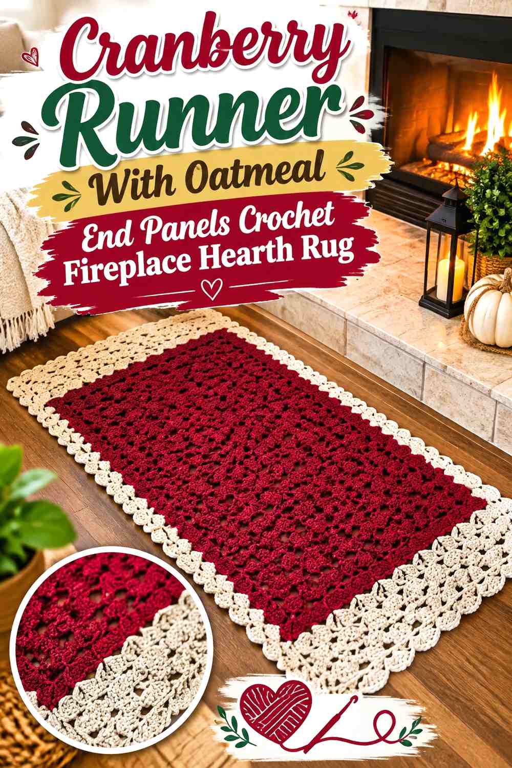 Cranberry Runner With Oatmeal End Panels Crochet Fireplace Hearth Rug