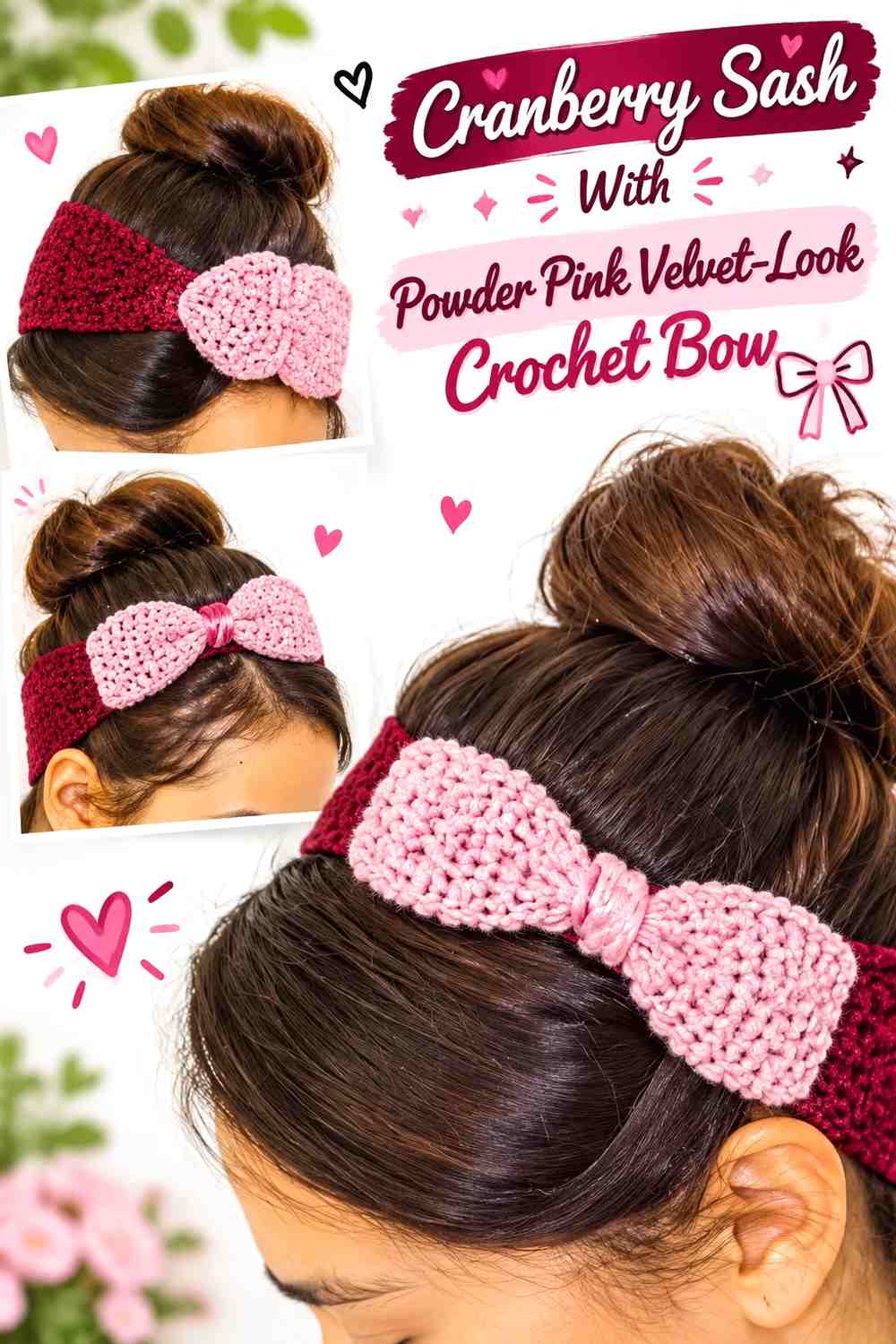 Cranberry Sash With Powder Pink Velvet-Look Crochet Bow